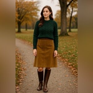 Villagers Vintage A line Tan Corduroy Skirt Leather trim Academia Preppy 10P